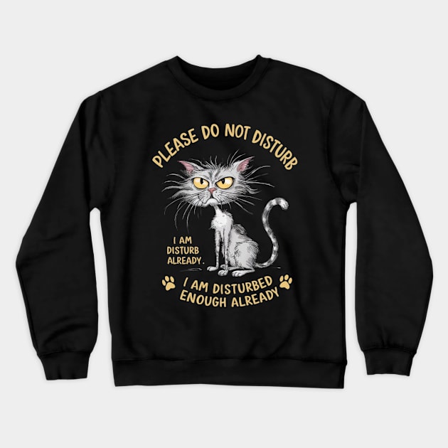 A whimsical cartoon drawing of a disheveled cat, with its fur sticking out in all directions and large yellow eyes showing irritation. (12) Crewneck Sweatshirt by YolandaRoberts